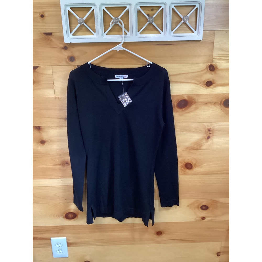 Isaac Mizrahi Live Womens Black Merino Wool Split V-Neck Sweater Size XS NWOT